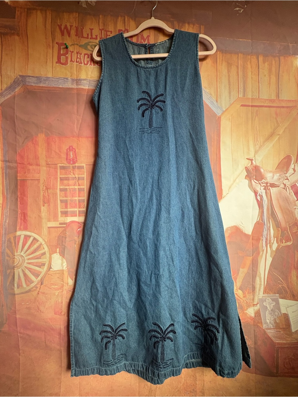 Vintage Denim Palm Tree Embroidered Maxi Dress | Boho Coastal - Picture 9 of 9